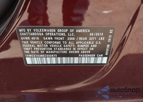 2014 Volkswagen Passat 1.8T Sel Premium z USA, uszkodzony, nr VIN 1VWCS7A36EC032673